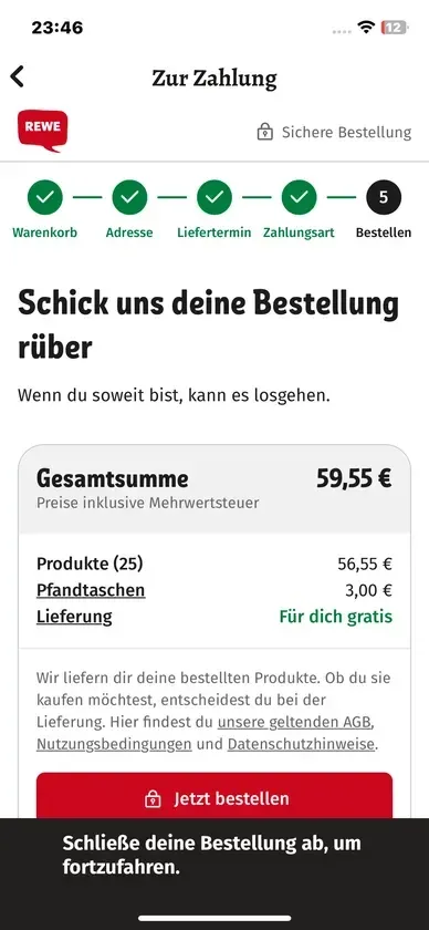 Checkout von REWE mit Warenkorb, Lieferoption und Schaltfläche zum verbindlichen Bestellen