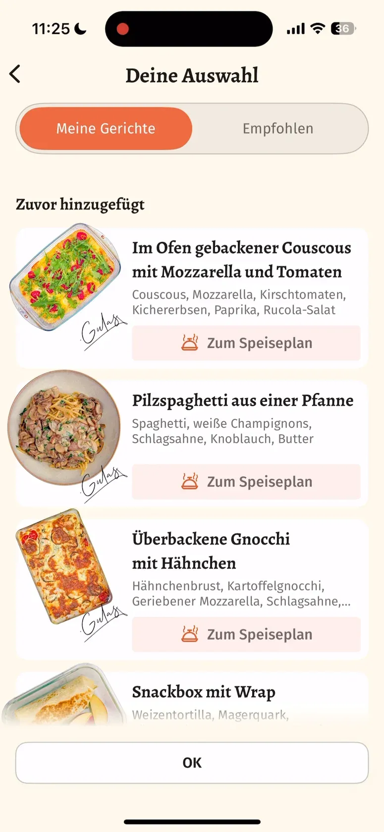 Auswahl zusätzlicher Gerichte für den Speiseplan in der deutschen Gulasch-App