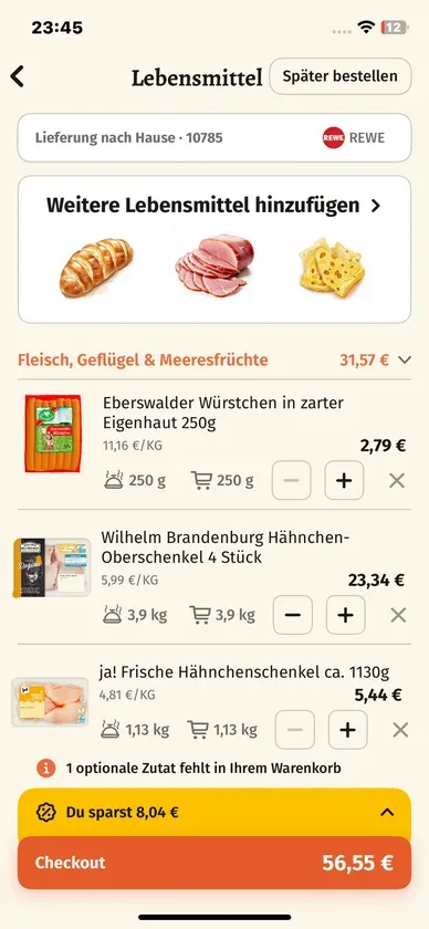 Gulasch App - Einkaufswagen mit allen Zutaten, bereit zur Bestellung