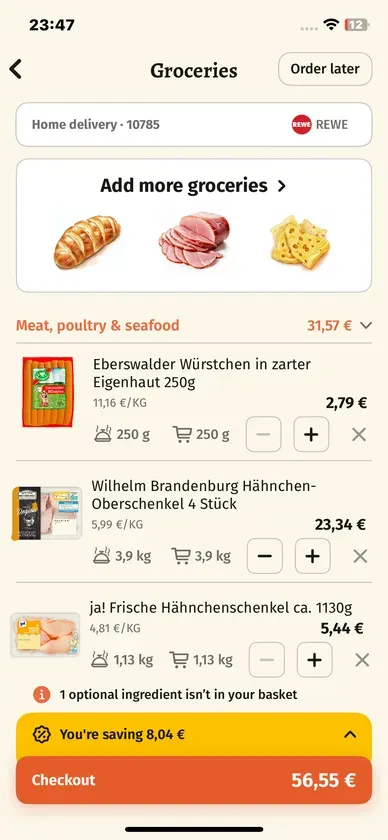 Goulash app - shopping cart with all ingredients ready to order