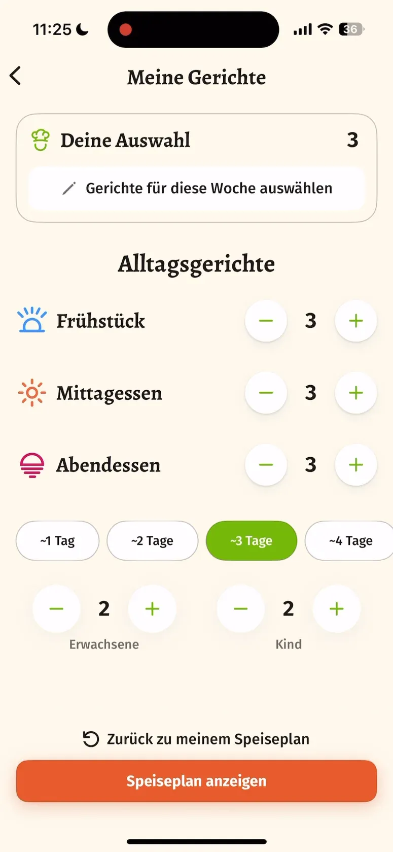 Einstellung von Erwachsenen, Kindern und Mahlzeiten in der deutschen Gulasch-App