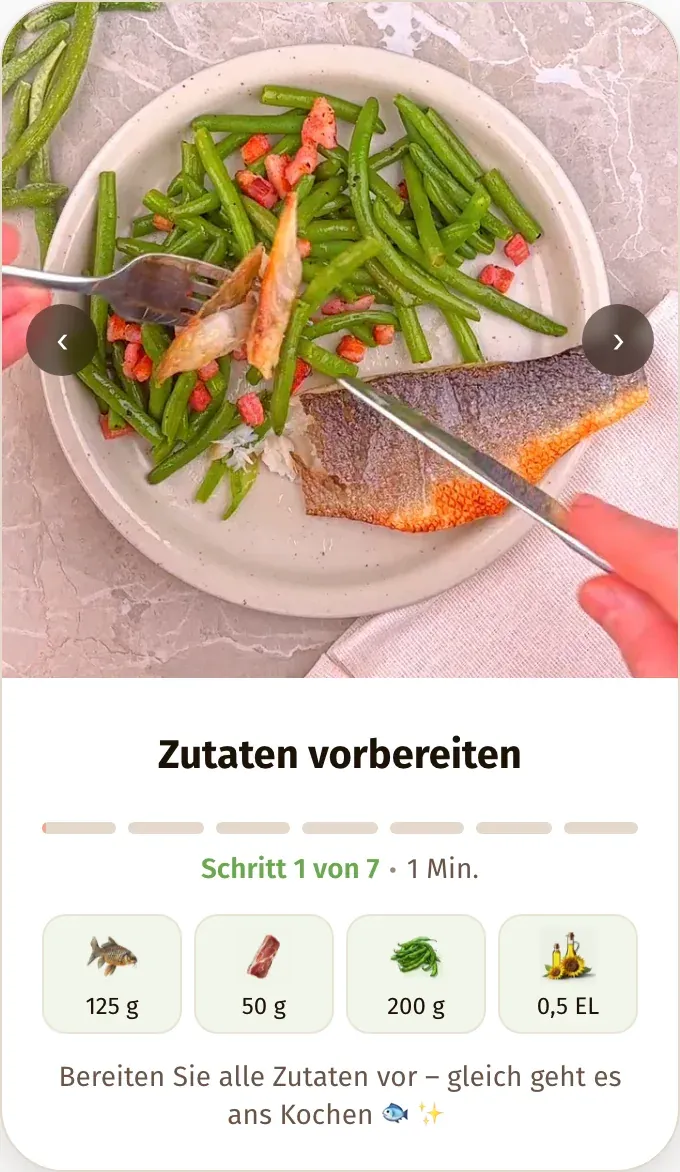 Deutschsprachige Kochanleitung mit Zutaten und einem einzelnen Zubereitungsschritt