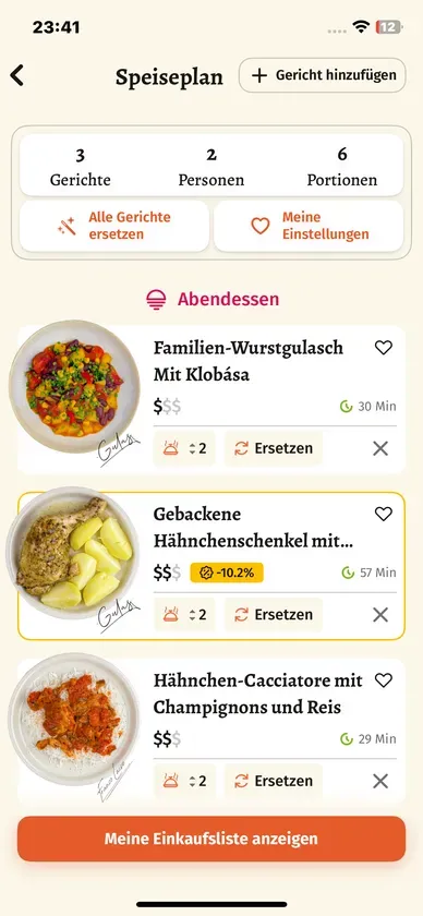 Gulasch App - persönlicher Essensplan mit Rezeptkarten