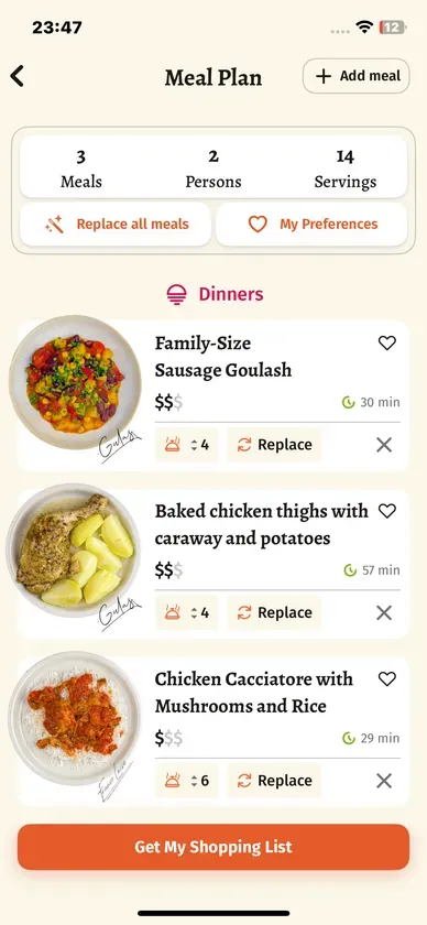 Goulash app - personalized meal plan with recipe cards