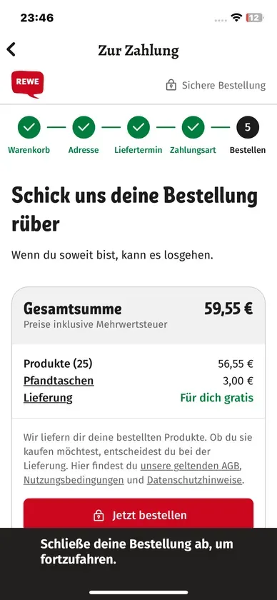 Gulasch App - Bezahlvorgang mit Lieferzeit und Apple Pay