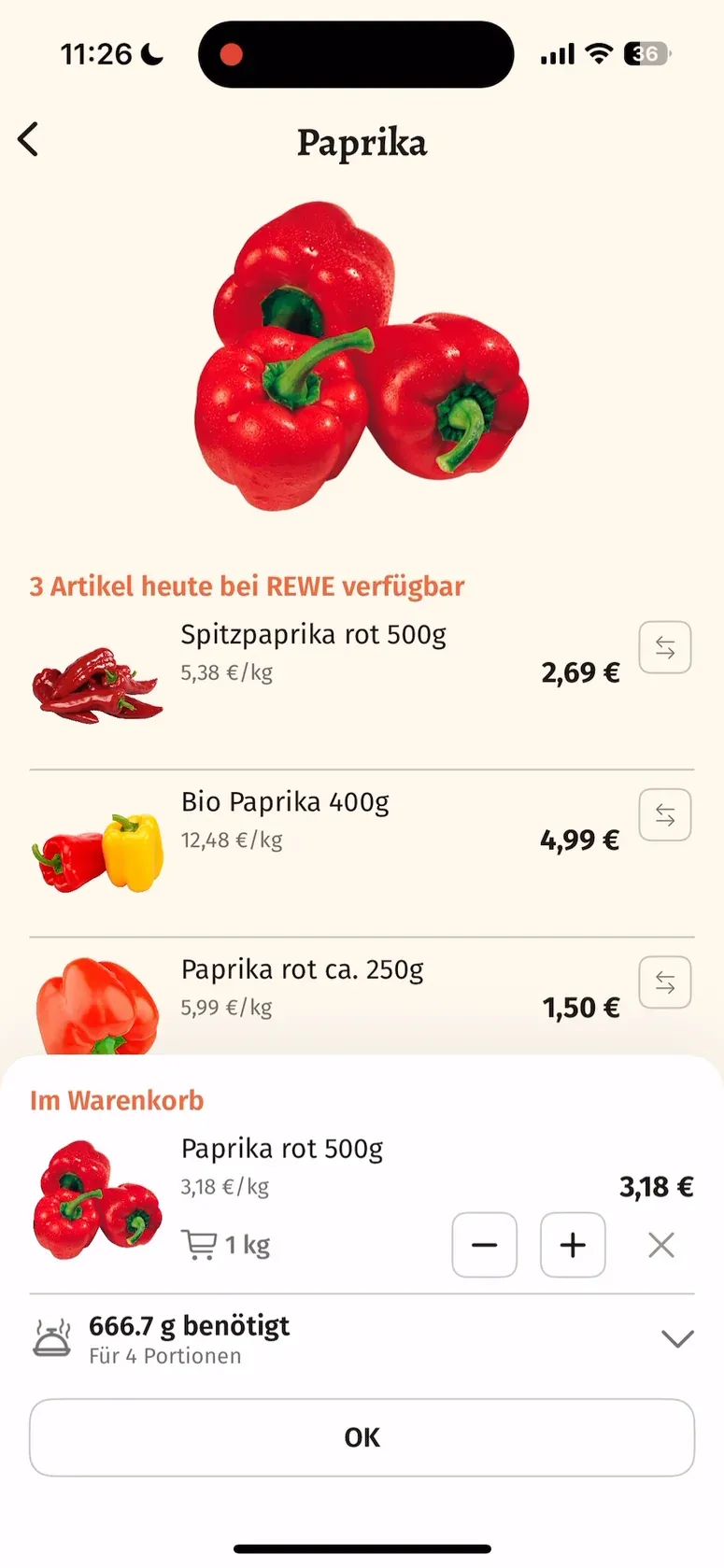 Produktauswahl für Paprika in der deutschen Gulasch-App mit benötigter Menge und austauschbaren Artikeln