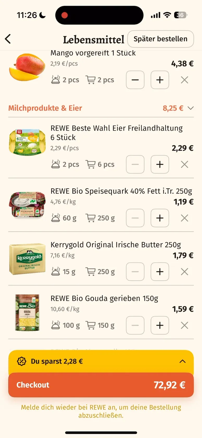Deutscher Warenkorb mit Rezeptbedarf, Packungsgrößen und veränderbaren Produktmengen