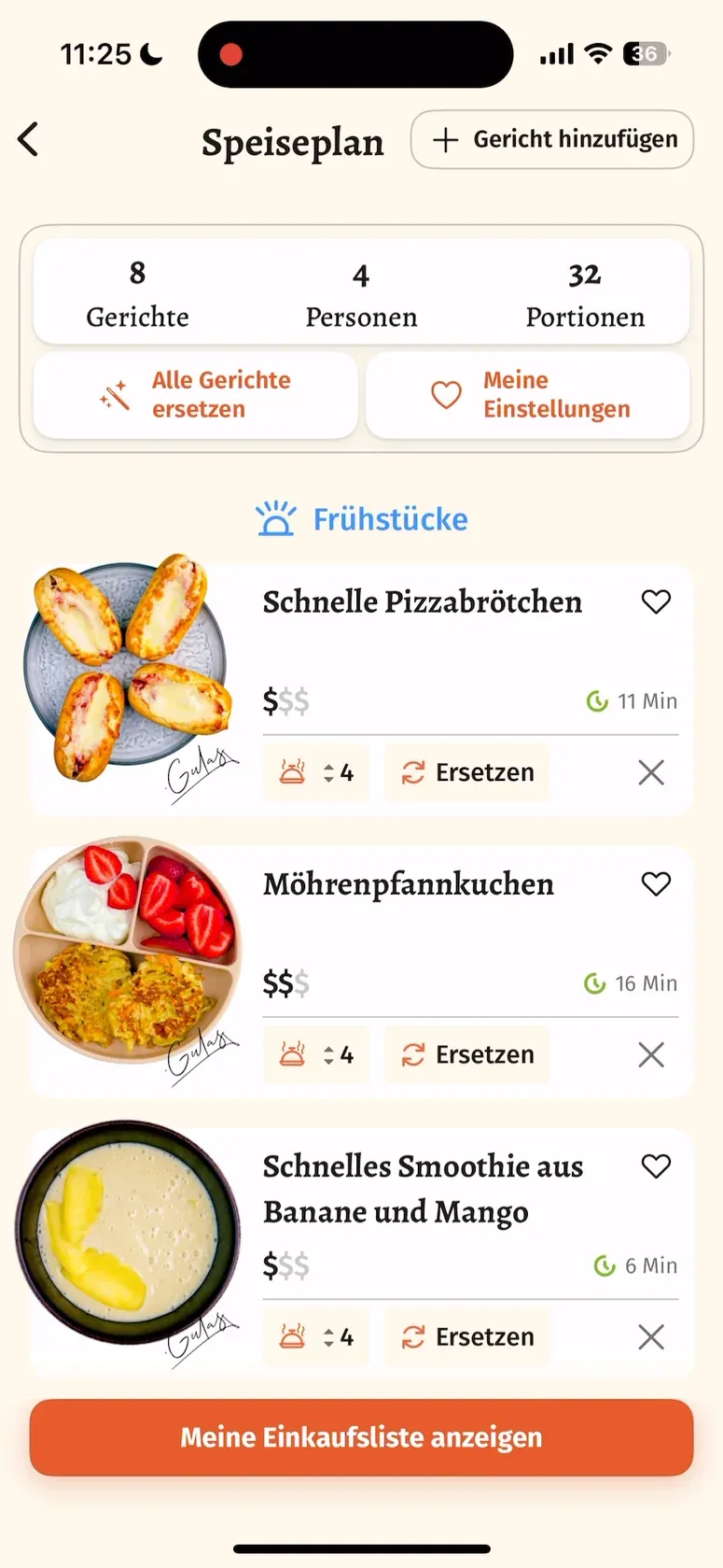 Deutscher Speiseplan in der Gulasch-App mit acht Gerichten für vier Personen und einer Schaltfläche zur Einkaufsliste
